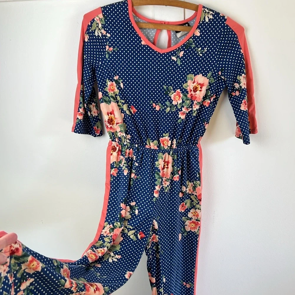 Navy Floral Polka Dot Kids Jumpsuit - Picture 5 of 6